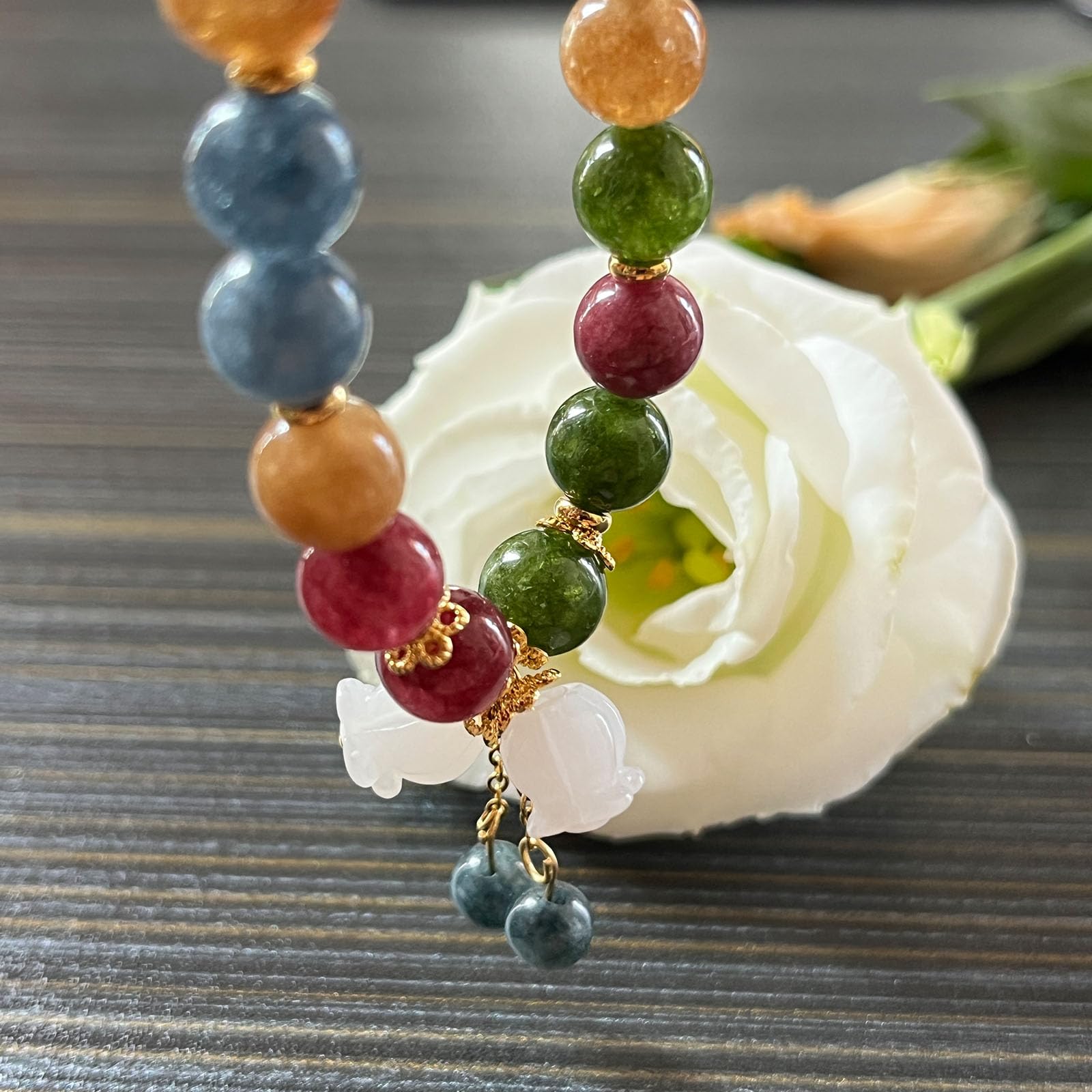 Pendant Charm Bracelet, Hand Carved Lily of the Valley Flower chain Bracelet, Natural Colored Crystal Beaded Flower Charm Bracelet, Good Luck Jade Bead Bracelet for Women