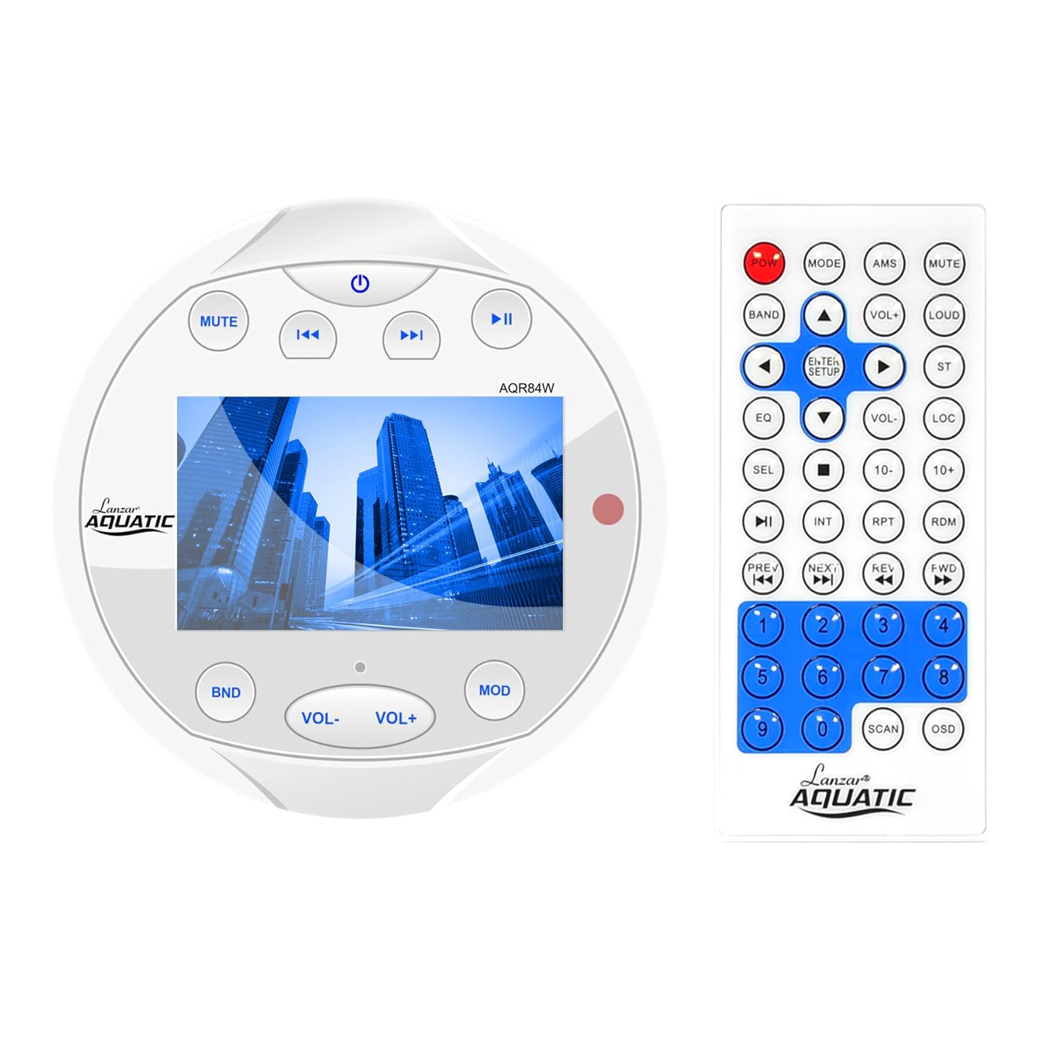 Lanzar Waterproof Marine Stereo Receiver - 4x28 W Round Boat in-Dash Radio Receiver System w/Bluetooth, AM FM, Digital LCD, USB, RCA, AV in -Includes Wiring Harness, Bracket, Remote- AQR84W (White)