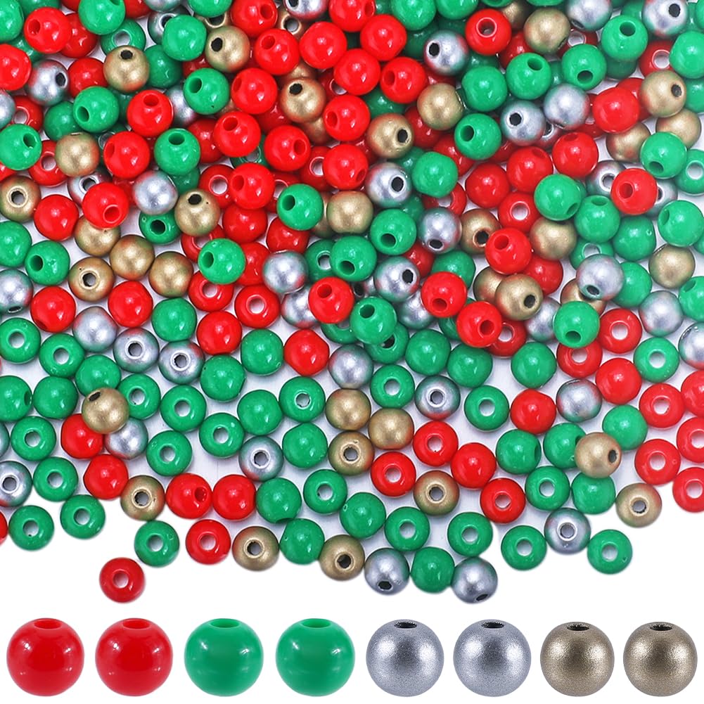 SUNNYCLUE 1200Pcs 4 Colors Red Christmas Beads Green Acrylic Bead Bulk Small Opaque Gold Loose Beads with Hole Craft Round Spacer Beads for Christmas Tree Home Holiday Party Farmhouse DIY Decoration