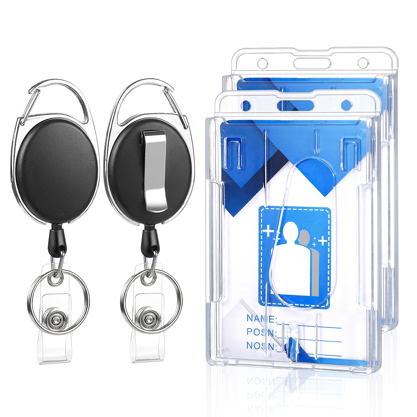 Photo 1 of 2 Set Badge Holder Retractable Clip Heavy Duty Reels with Clear Vertical ID Card Badge Holders Thumb Slots Hard Transparent PC Case for Work Office