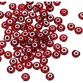 PATIKIL 8mm Flat Evil Eye Beads, 100 Pcs Turkish Evil Eye Charm Round Shape Spacer Beads Pendant Connector for DIY Art Craft Bracelet Necklace Earrings Making, Red