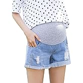 Liposhion Women's Maternity Jean Shorts Roll Hem Distressed Stretchy Pregnant Ripped Denim Shorts Casual Short Pants