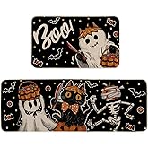 Moutina Boo Black Cat Pumpkin Skeleton Decorative Kitchen Rugs Set of 2, Halloween Holiday Party Home Decor Low-Profile Kitchen Mats for Floor - 17x29 and 17x47 Inch
