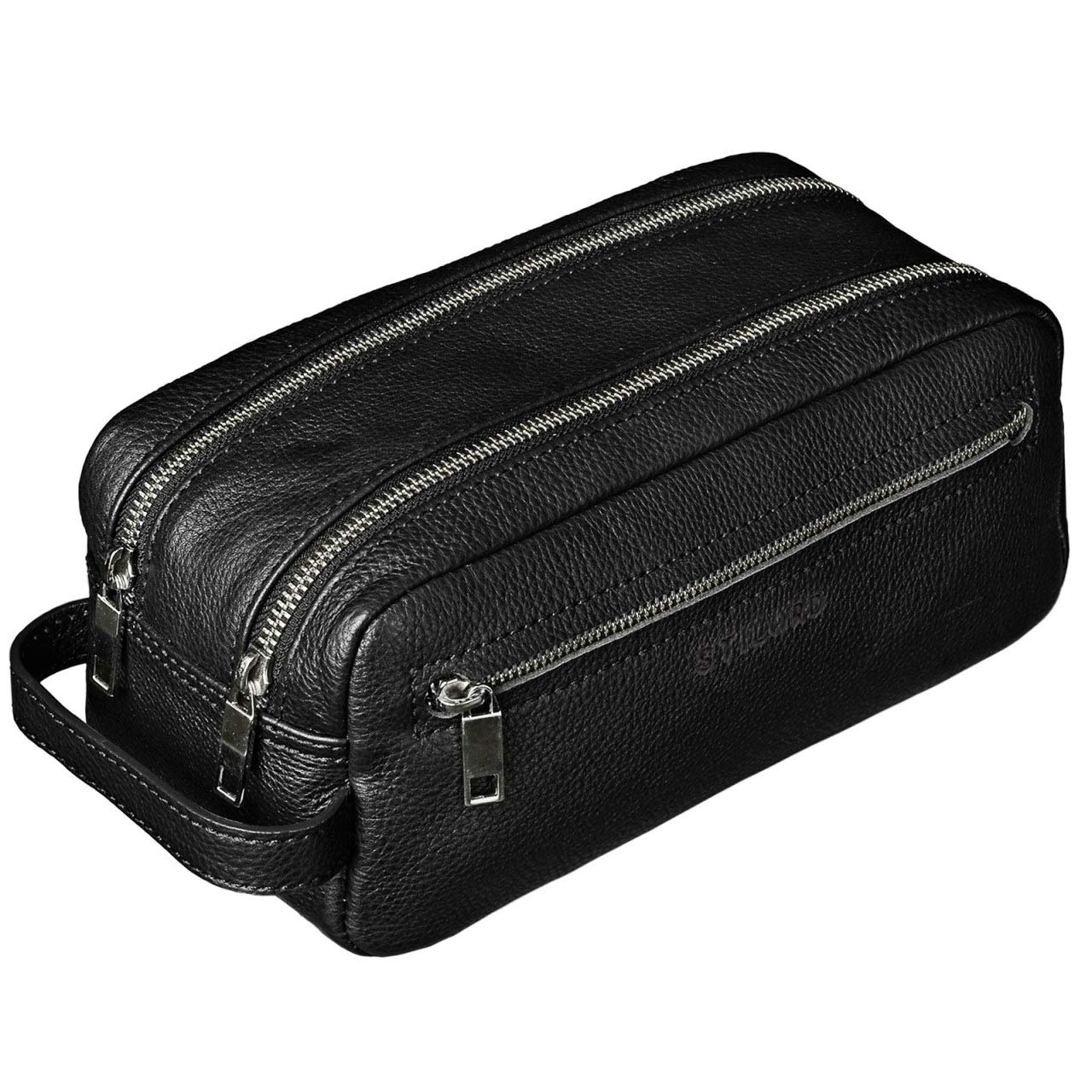 STILORD "Kurt" Large Toiletry Bag Washbag Travelling with Wrist Strap and Zipper Made of Genuine Vintage Leather Colour:Black
