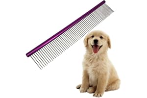 COMFECTO Pet Comb 10 inches Comfortable Grooming Comb with Different-Spaced Rounded Stainless Steel Teeth, Easy Grip and Convenient Grooming for Pets Dog Cat with Medium Coarse Fur - Purple