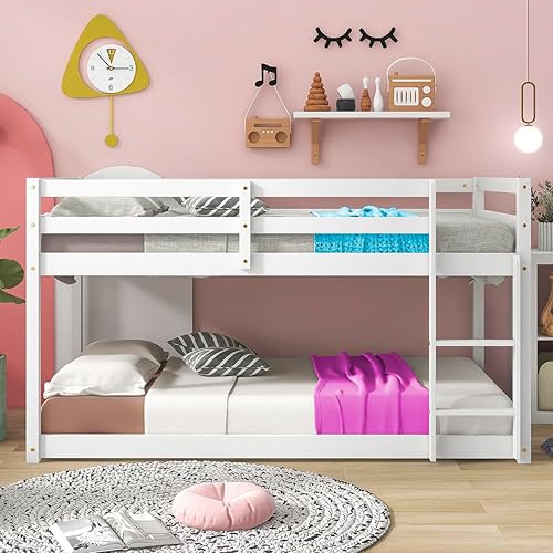 Anwick Twin Over Twin Low Bunk Bed with Stairs and Rails, Wooden