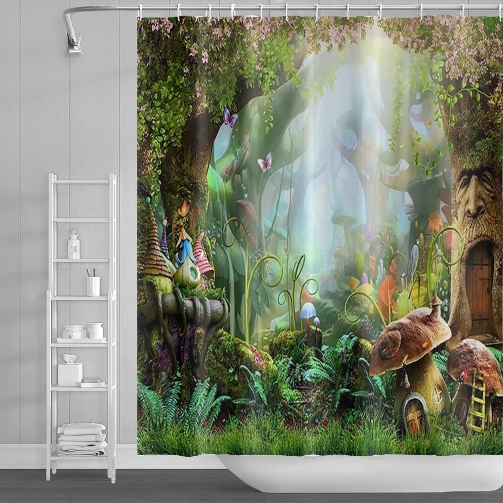 SDOTPMT 180x180cm Fairytale Mushroom Shower Curtain Magic Fantasy Forest Jungle Tree Bath Curtain Green Lawn Plant Leaf Floral Bathtub Curtain for Bathroom Decor Fabric Polyester with Hooks — image 1