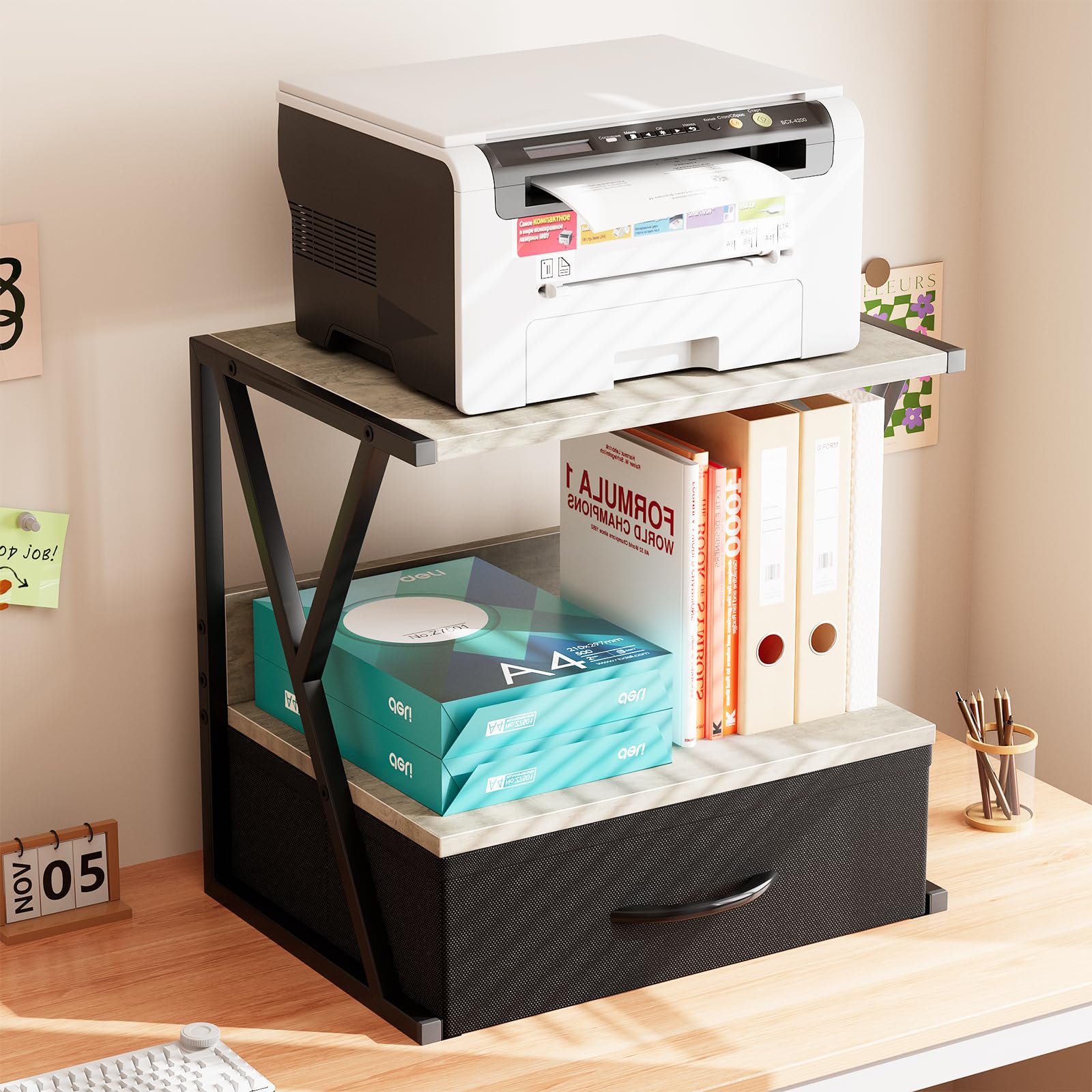 Photo 1 of aboxoo Printer Stand for Desk with Storage Drawer, 2 Tier Desktop Or Under Desk Shelf, Multi-Purpose Desks Organizer for Home Office, fit Fax Machine/3D Printer/Scanner, Grey