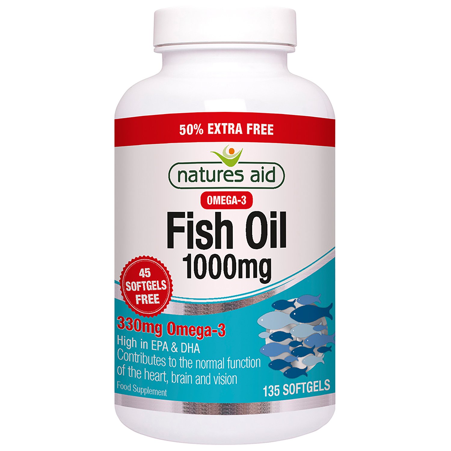Natures Aid Fish Oil, 1000 mg, 135 Softgels (Provides Omega-3 Essential Fatty Acids EPA and DHA, for The Normal Function of The Heart, Brain and Vision, Made in The UK)