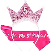 Vovii Birthday Girl Headband with Pearl & Sash Set for 5th Birthday Decorations for Girls, Princess Crown Headband for 5 Year Old Girl Dress Up, Photo Prop & Party Decorations Gifts