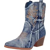 Bandkos Cowboy Boots for Women Ankle Cowgirl Booties Wide Mid Calf Pointed Toe Western Boots Short Chunky Classic Booties