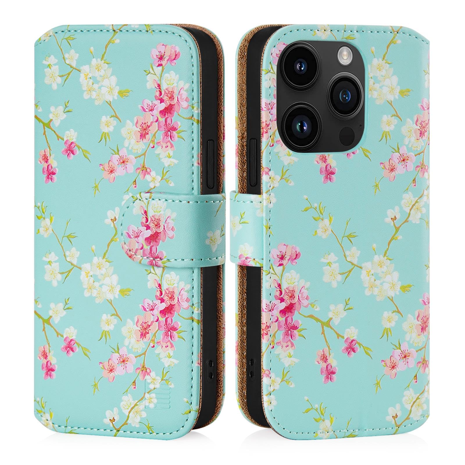 32nd Floral Series 3.0 - Design PU Leather Book Wallet Case Cover for Apple iPhone 15 Pro Max (6.7"), Flip Case With RFID Blocking Card Slots, Magnetic Closure and Built In Stand - Spring Blue — image 1