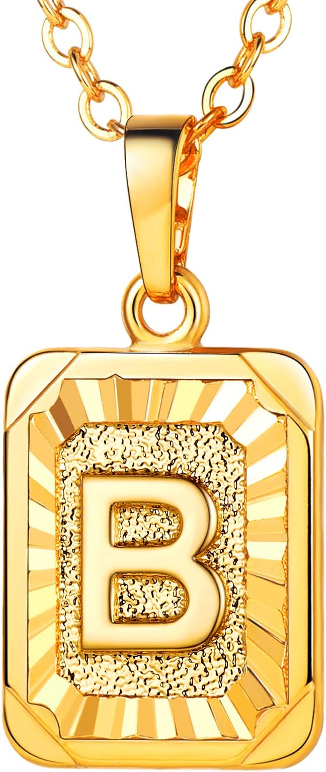 Square Initial Necklace for Women, Gold/Platinum Plated A-Z 26 Letters Pendant Necklace, Large Capital Monogram Retangle Tag Necklace, Resizable Chain 20"-22"