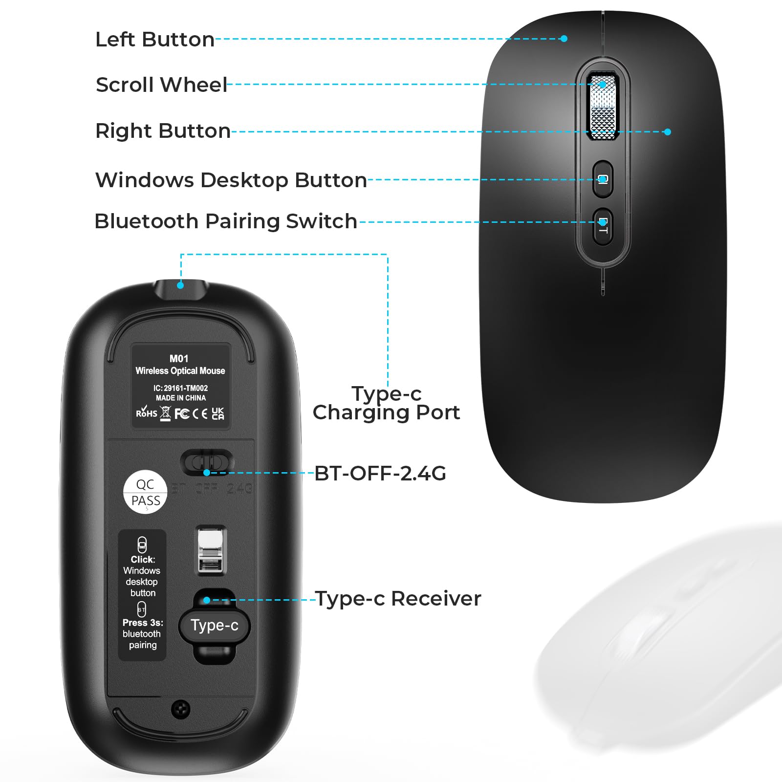 PINKCAT Maus Kabellose USB C, Wiederaufladbare Dual-Modus Mouse(Bluetooth5.1+USB C), Leise Bluetooth Maus,Wireless Mouse, Ergonomische Leise Funkmaus Für MacBook Air/Pro iPad Mac Laptop PC Computer 7