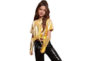 Perfashion Girls Metallic Shirts Shiny Tie Front Knot Crop Top with Arm Sleeves for Dancing Raves Festivals 4-15 Years