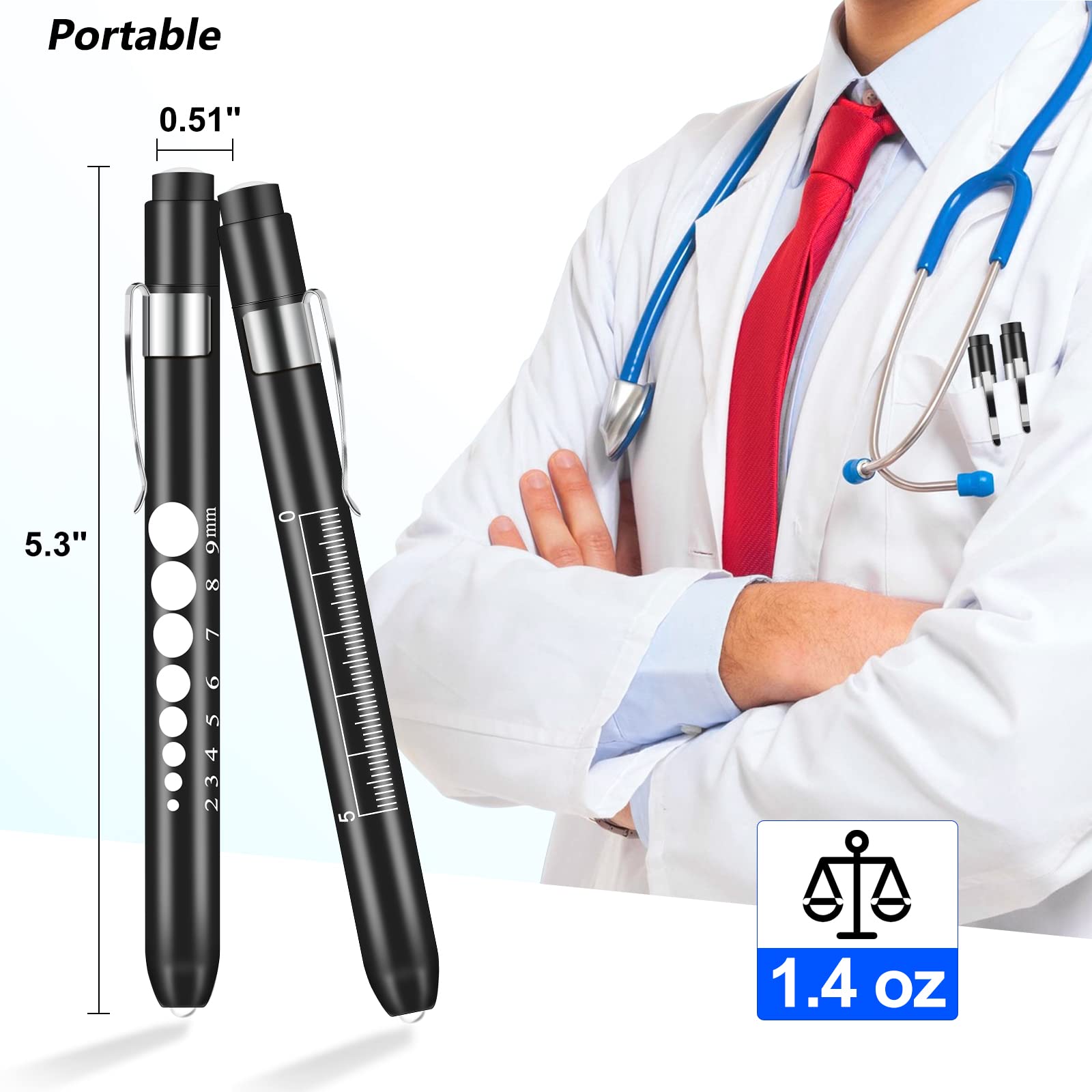 Opoway Nurse Penlight with Pupil Gauge LED Medical Pen Lights for Nursing Doctors Batteries Free, Black 2ct.