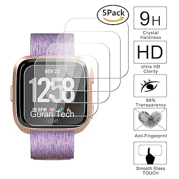Guran [5-Unidades] Protector de Pantalla Vidrio Cristal Templado para Fitbit Versa Health & Fitness Smartwatch Cristal Vidrio Templado Film (9H, 2.5D ...