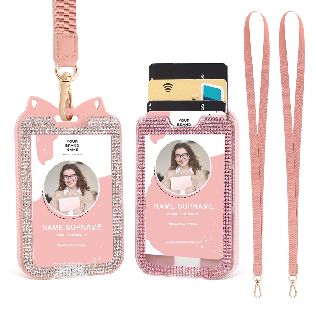 Photo 1 of 2 Pack Lanyards for ID Badge Holder Bling Sparkly Cute ID Card Holder with Lanyards for Women (Pink and White)
