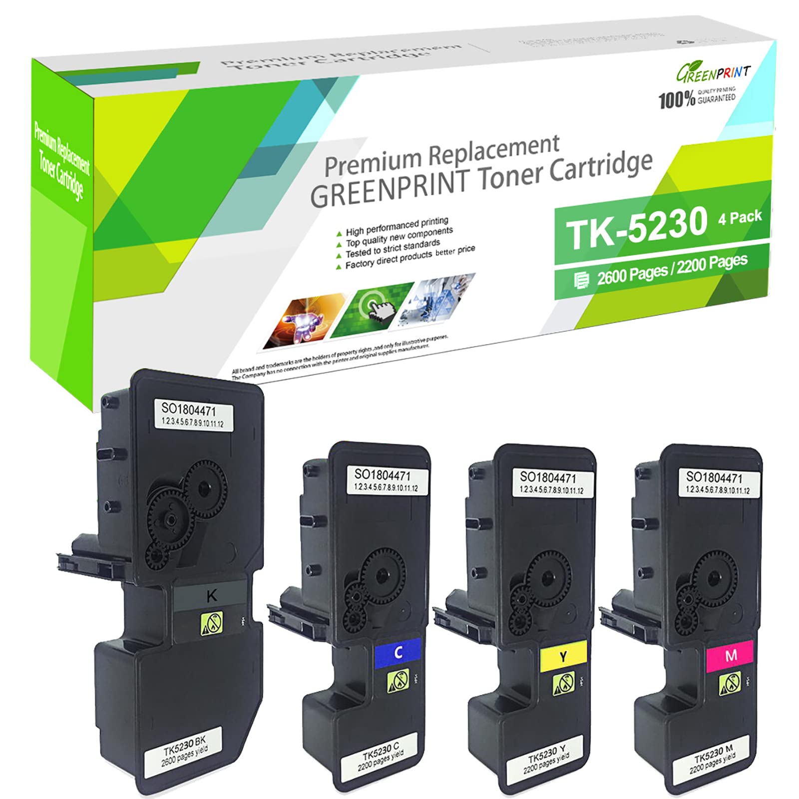 GREENPRINT 4 Colors TK5230 TK-5230 TK 5230 Compatible Toner Cartridges 2600 Pages for Black & 2200 Pages for Cyan Magenta Yellow for Kyocera ECOSYS P5021cdn P5021cdw M5521cdn M5521cdw Printers