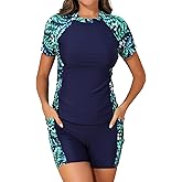 Daci Women's 2 Piece Rash Guard UPF 50+ Short Sleeve Swim Shirt with Shorts Swimsuit with Pockets and Built-in Bra