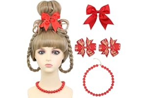 AMZCOS Christmas Costume Wig Blonde Braided Synthetic Wig with Red Bow Hair Clip and Necklace for Halloween Christmas Celebration Party