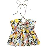 SOLY HUX Women's Boho Print Halter Cami Top Sleeveless Backless Ruffle Flared Summer Crop Tops