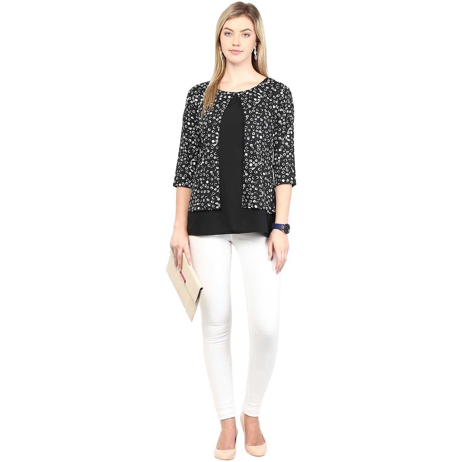 rare black crepe polka dots round neck tops for women (ep1004)