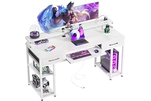 ODK 55 inch Computer Office Desk with USB Charging Port Power Outlet and Keyboard Tray, Writing Desk with 2 Drawers and Monitor CPU Stand and Removable Shelf for Storage, White