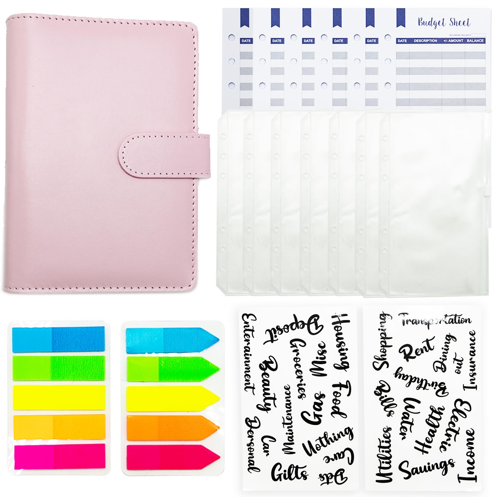 A6 Budget Binder Set - 28pcs Leather Ring Binder Notebook with Clear Cash Envelopes, Budget Sheets and Label Stickers, Cash Organizer for Travel and Diary Blue