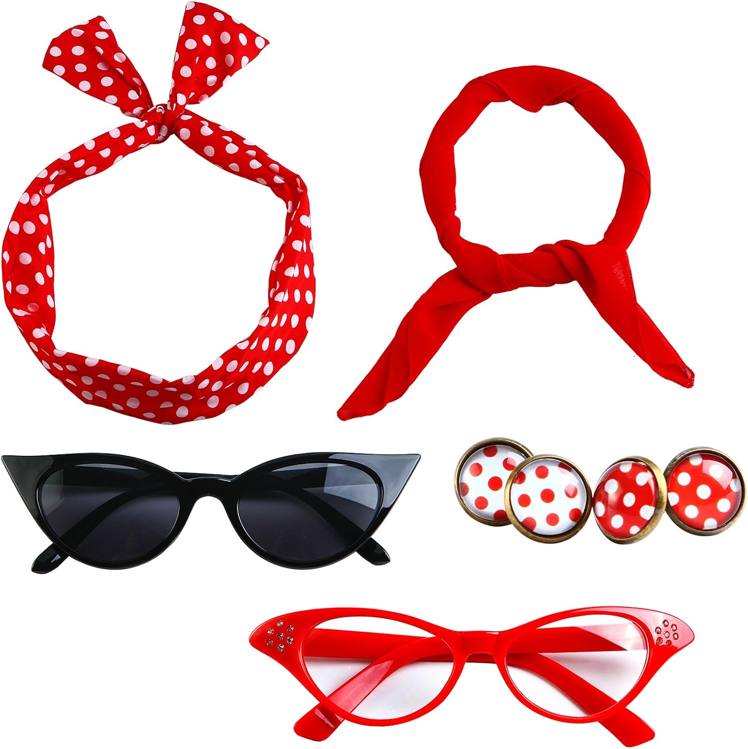 Aneco 6 Pack 50s Set Chiffon Scarf Cat Eye Glasses Bandana Tie Headband Earrings(Red)¡­: Clothing
