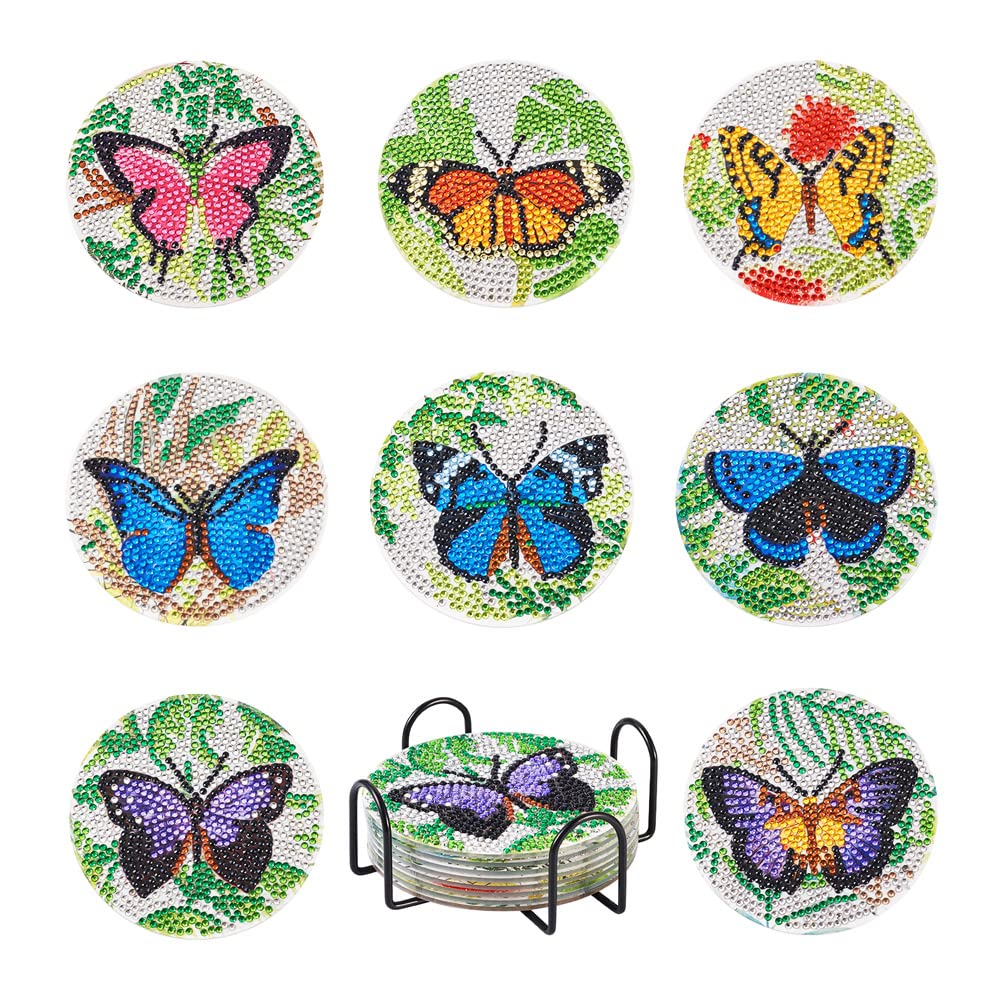 Cheriswelry 8Pcs 5D DIY Diamond Painting Kits with Coaster Holder Butterfly Coaster Diamond Art Kits for Beginners Office Home Decor