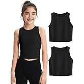 JOCMIC 2 Pack Girls Tank Tops Kids Athletic Tanks Basic Ribbed Knit Crew Neck Cropped Tops for Sports Yoga