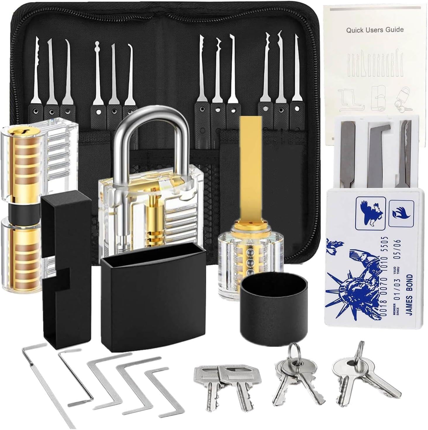 Picking Solid Brass Padlock Set with Hardened Steel Shackle, Double Bolt, Anti-Theft Cylinder, Waterproof, Rust-Resistant, 3 Pick Keys Kit Included SN-7