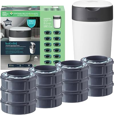Tommee Tippee Twist and Click Nappy Bin Starter Set White 12 Refills