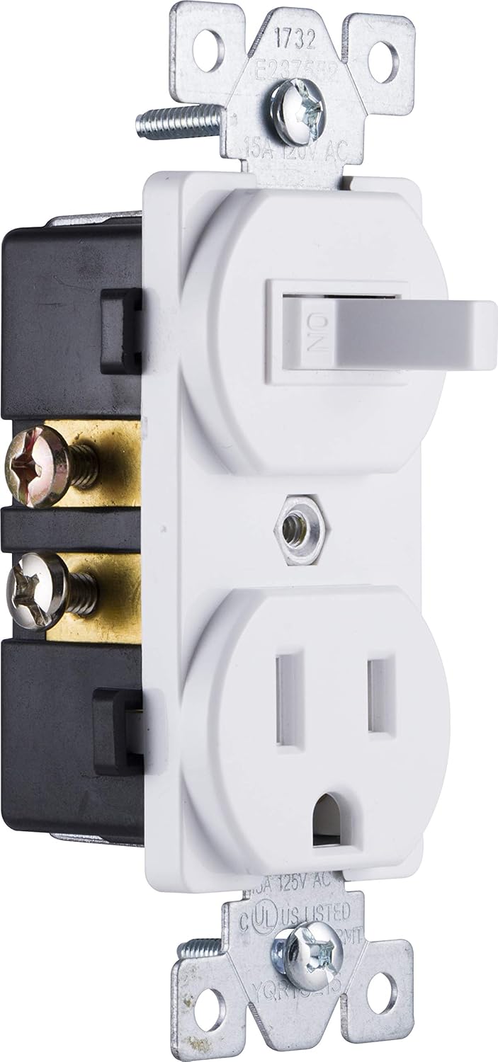 GE Wall Switch & Outlet Combo, Two-in-One Receptacle, 1 On/Off Toggle Power Switch, 1 Grounded AC Outlet Wall Plug, Single Pole, 3 Prong, 15 Amp, UL Listed, White, 59797 - Wall Light Switches - 