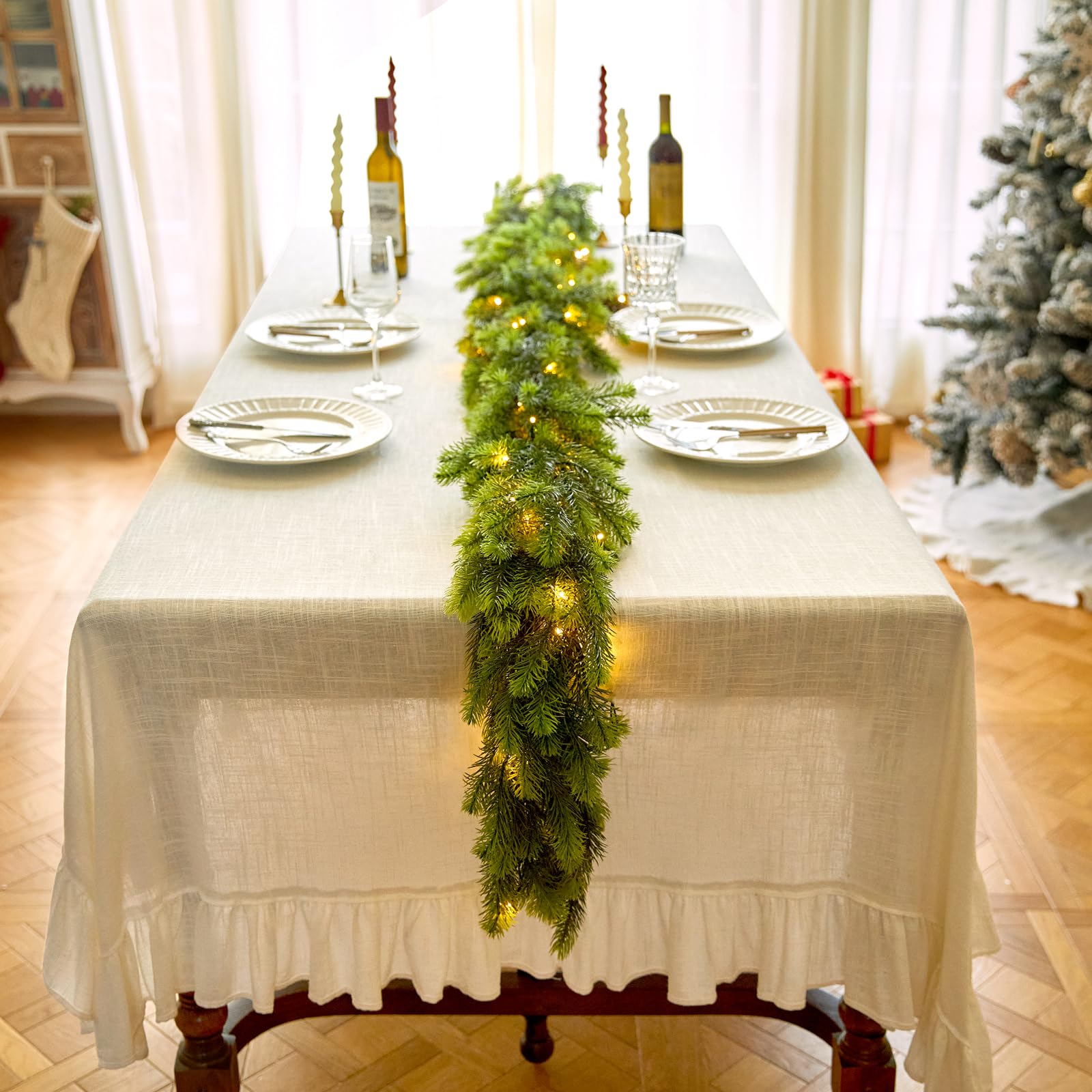 Photo 1 of 9FT Real Touch Norfolk Pine Christmas Garland with Light Winter Artificial Faux Greenery Garland Table Mantle Stairs Fireplace Wall Decor Outdoor Indoor Porch Home Decorations (Battery Not Included)