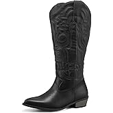 mysoft Women's Wide Calf Cowboy Boots Pull on Cowgirl Embroidered Mid Calf Pointed Toe Chunky Heel Western Boots