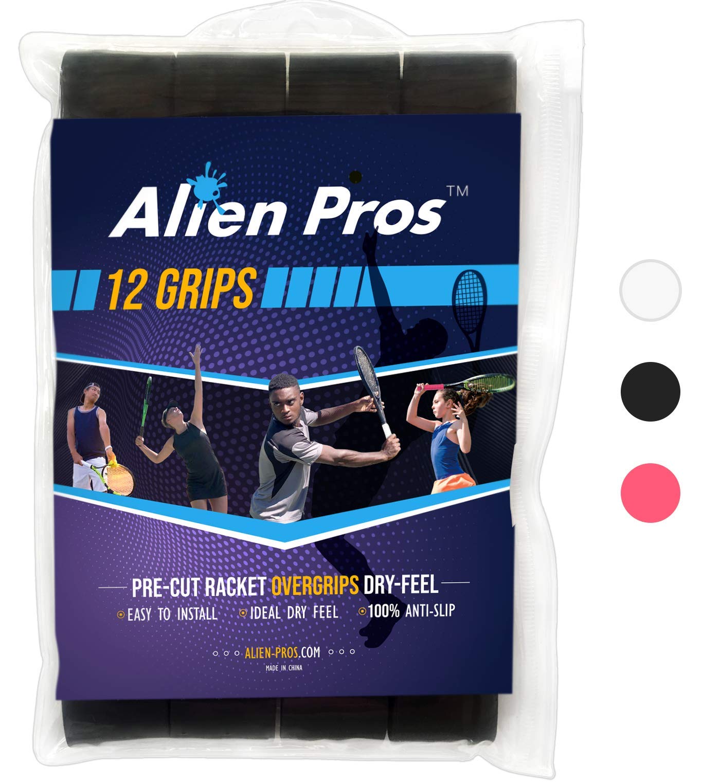Alien Pros Tennis Racket Grip Tape (12 Grips) – Precut and Dry Feel Tennis Grip – Tennis Overgrip Grip Tape Tennis Racket – Wrap Your Racquet for High Performance (12 Grips, Black)