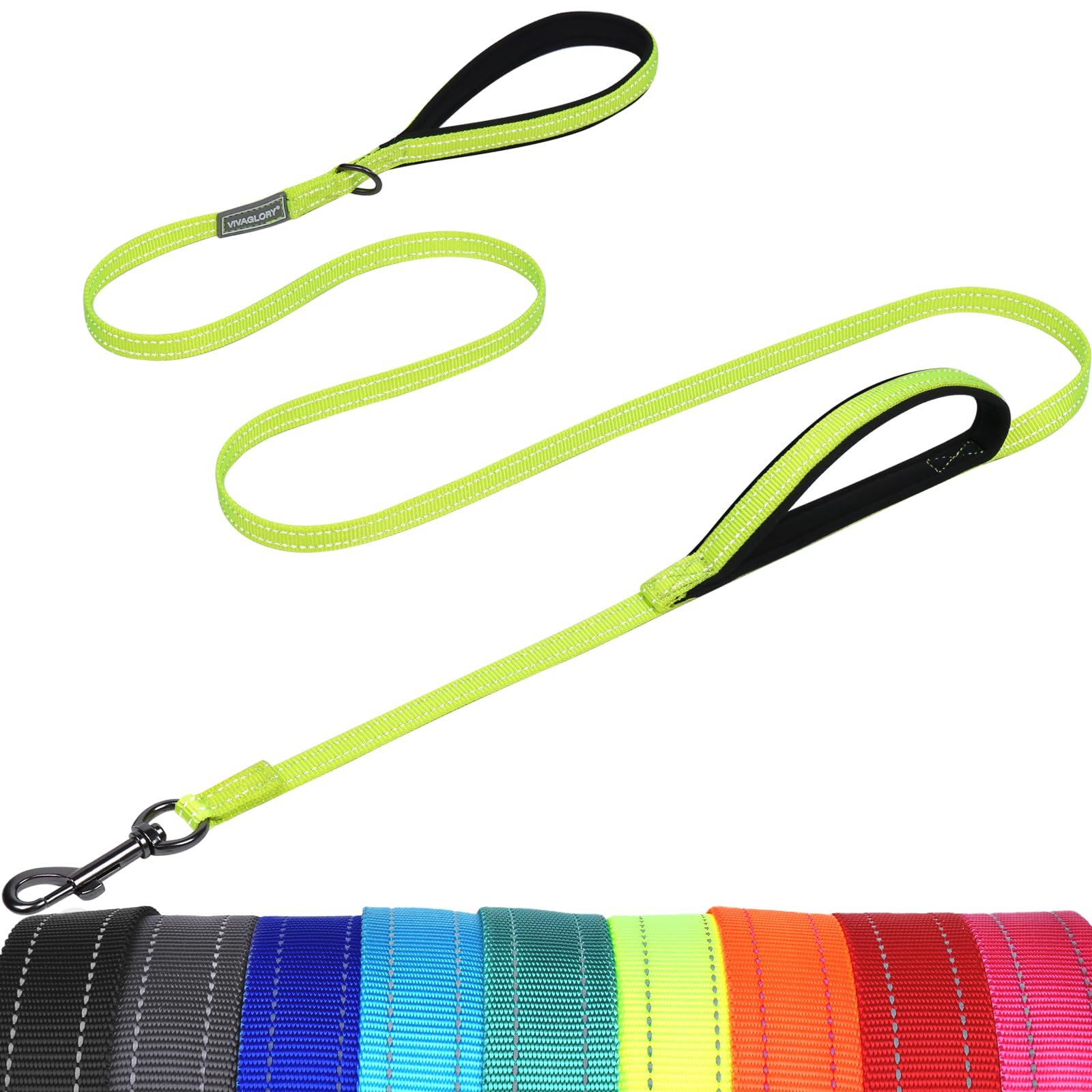 VIVAGLORY Dog Lead Twingrip Double Handle Dog Lead, Leash with Traffic Handle & 2 Loop for Walking & Training, Traffic Control Reflective Heavy Duty for Puppy Pet, 1.5m x 1.4cm, Bright Yellow