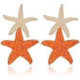 RUOFFETA Raffia Starfish Earrings, Raffia Straw Wrapped Starfish Drop Dangle Earrings Summer Tropical Beach Jewelry
