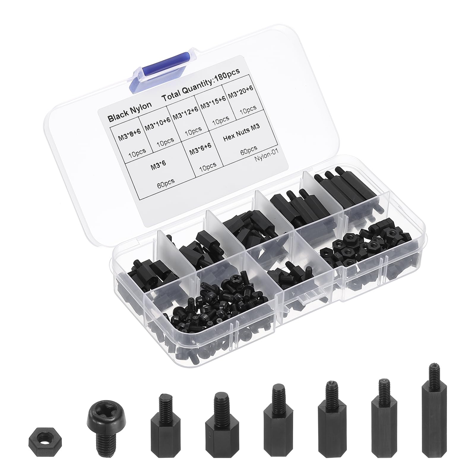 PATIKIL M3 Male Female Nylon Hex Spacer Standoff Kit, 180Pcs Motherboard Standoffs Assortment Kit, Screws Nuts for PCB Motherboard, Circuit Board, Black