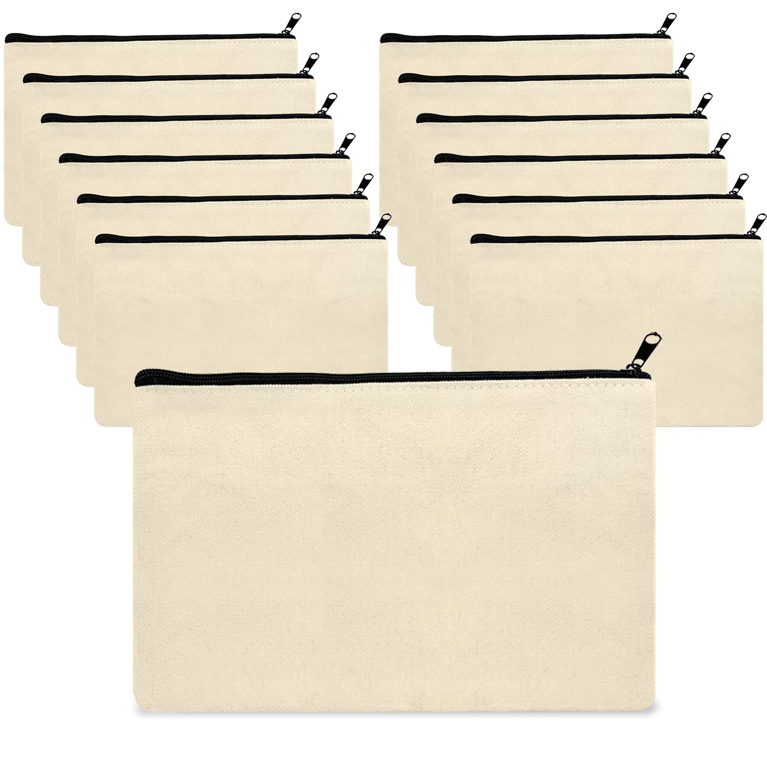 JinPhon 12 Pcs Blank Canvas Pouch Bag with Zipper, DIY Small Pouch Fabric Pencil Cases, Multipurpose Travel Cosmetic Bags Makeup Pouch for Toiletries Stationery Craft Organiser