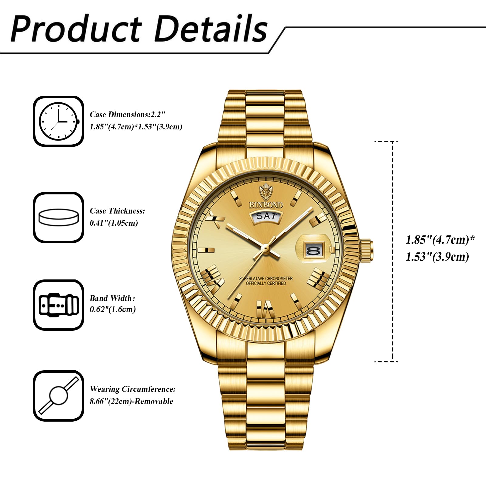 JewelryWe Men's Watch Stainless Steel Quartz Analogue Watch 30 m Waterproof Roman Numerals Dial Watch with Week Date Calendar and Luminous Hands Father's Day Gift