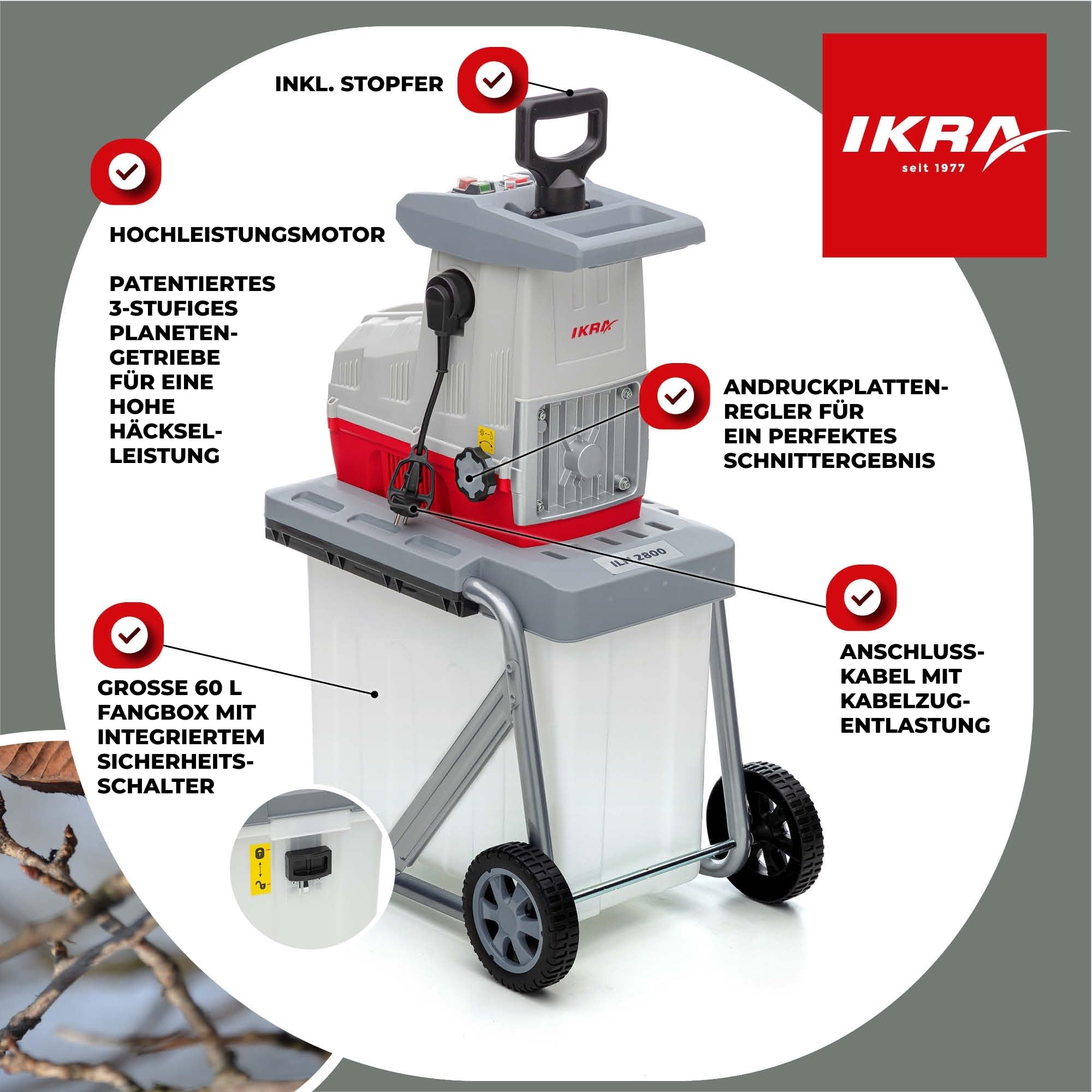 IKRA Elektro Gartenhäcksler Walzenhäcksler ILH 2800, leise robust wartungsarm, 2.800W, Aststärke bis 44mm 7