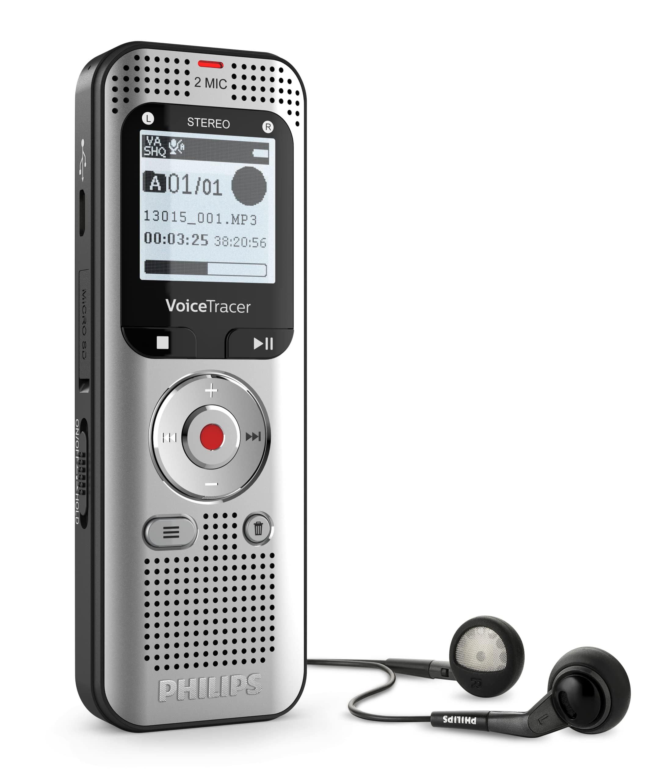 Philips DVT2015 VoiceTracer, Audio Recorder, 8GB, MP3 and PCM, two HiFi stereo microphones. Sembly AI trial license: transcription, AI created summaries, AI powered meeting insights