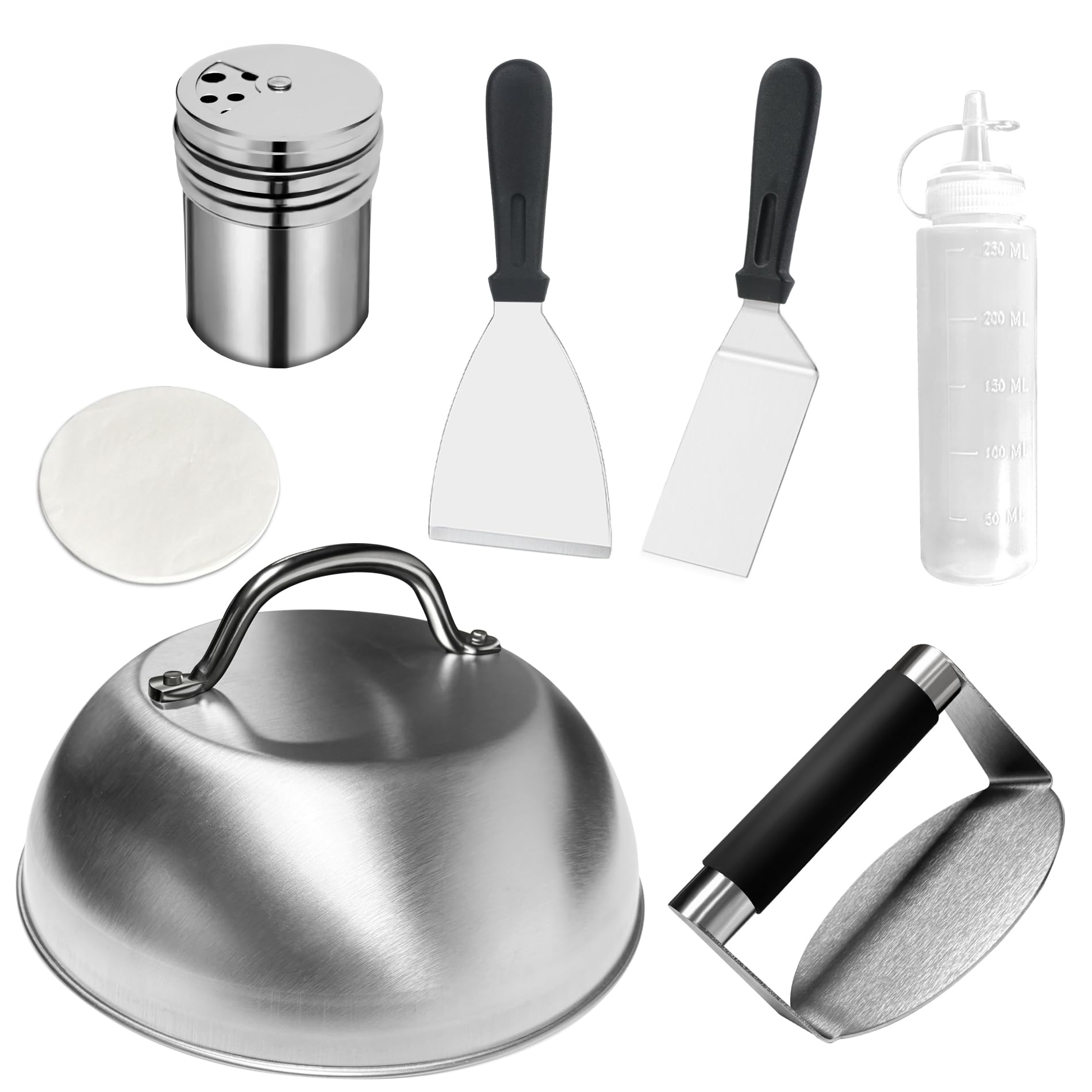 Hmfmdy Burger Press Kit, Burger Smasher & Metal Burger Spatula, Burger Dome, Spice Dredge Shaker, Wax Disc Paper, Squeeze Bottles, Flat Top Grill Accessories, BBQ Tools Set, Cooking Utensils Set-7pcs