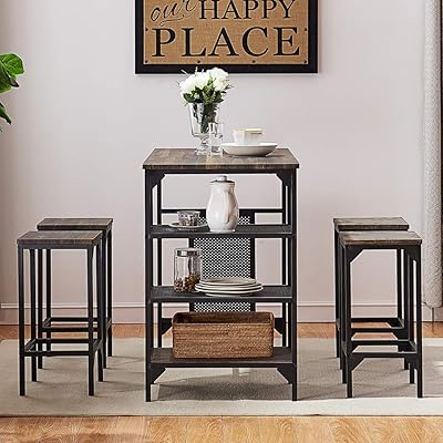 O&K FURNITURE 5-Piece Dining Set, Industrial Bar Pub Table Set