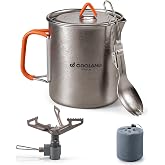 Odoland Titanium Camping Cookware 750ML Titanium Pot with Camping Stove and Spork Portable Pot for Backpacking, Hiking, Traveling and Picnic