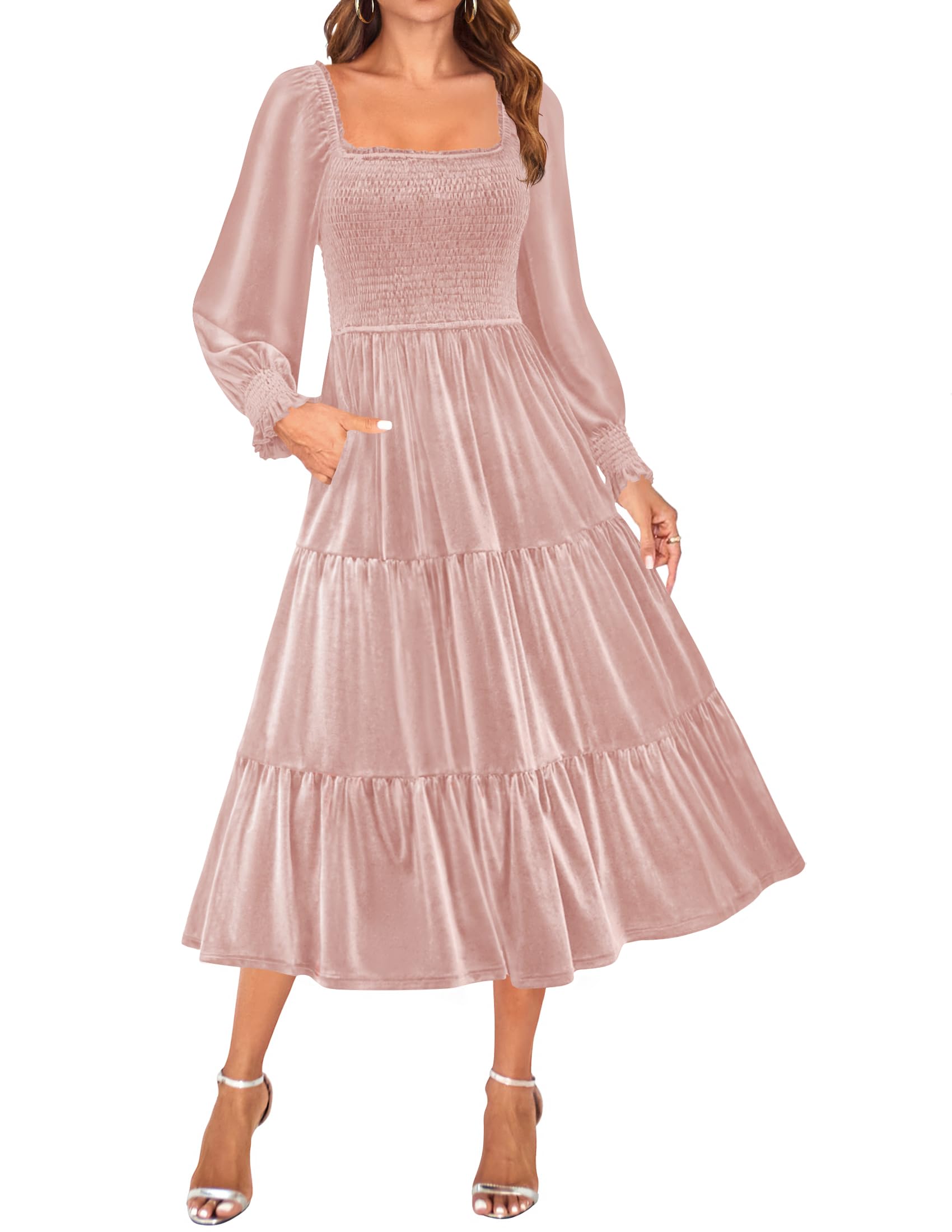 Photo 1 of ZESICA Women’s Velvet Long Sleeve Dresses 2025 Spring Square Neck Smocked Ruffle A Line Flowy Midi Dress with Pockets,Pink,Medium