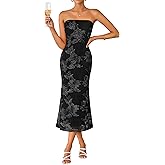 ZESICA Women's Summer Strapless Floral Midi Dress 2026 Bodycon Mesh Tube Wedding Guest Cocktail Party Formal Dresses